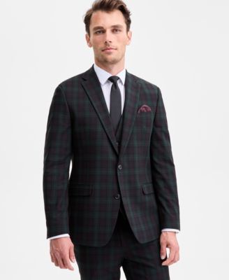 Bar III - Men's Slim-Fit Green & Burgundy Plaid Suit Separate Jacket