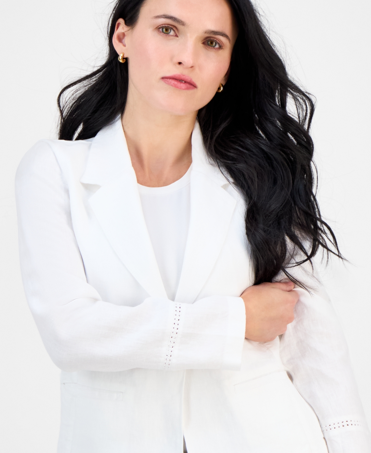 CHARTER CLUB PETITE WOVEN LINEN CROCHETED BLAZER, EXCLUSIVELY AT MACY'S 