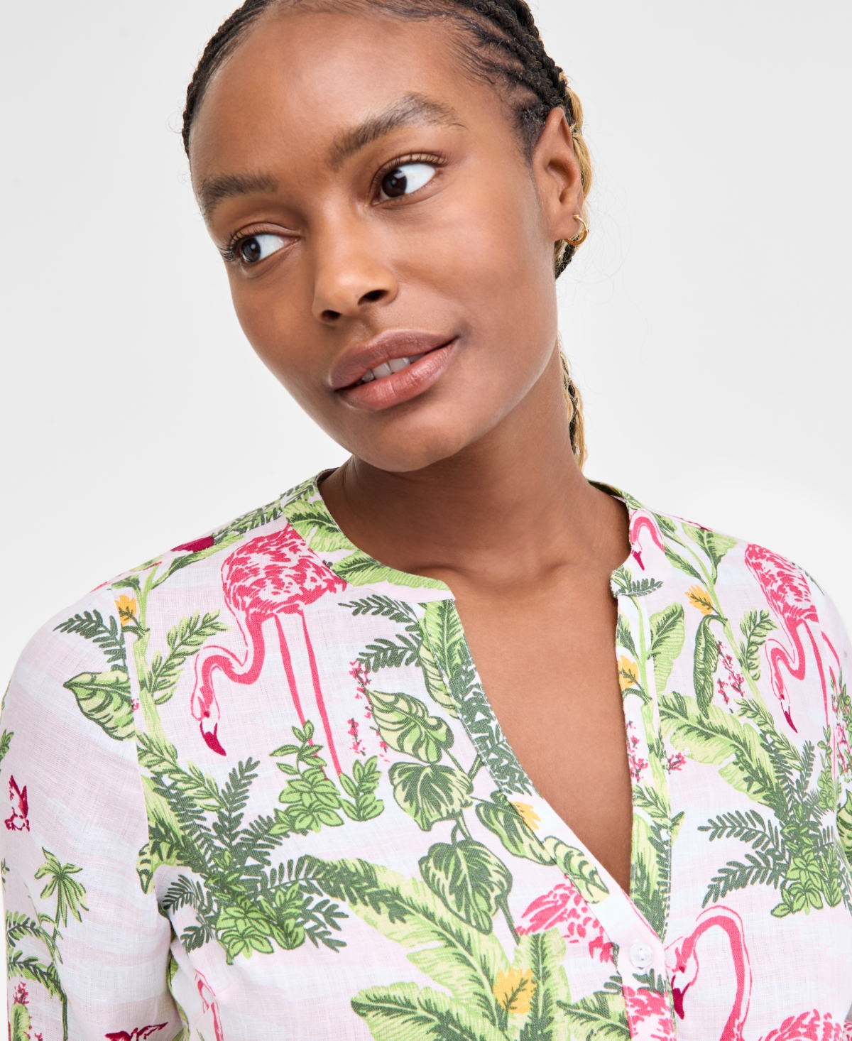 CHARTER CLUB WOMEN'S 100% LINEN PALM PRINT ROLL-TAB SHIRT, EXCLUSIVELY AT MACY'S 