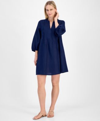 Charter Club - Women's 100% Linen 3/4-Sleeve Pintuck Dress