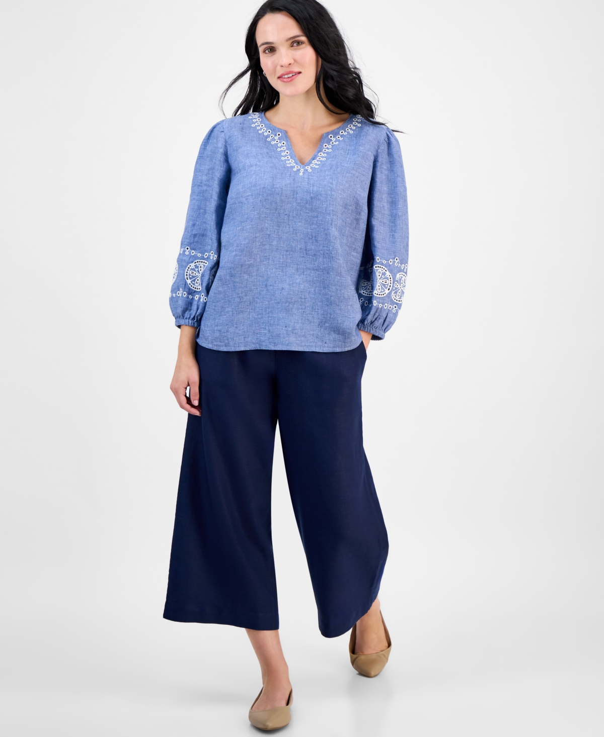 CHARTER CLUB PETITE DELAVE EMBROIDERED LINEN BLOUSE, EXCLUSIVELY AT MACY'S 