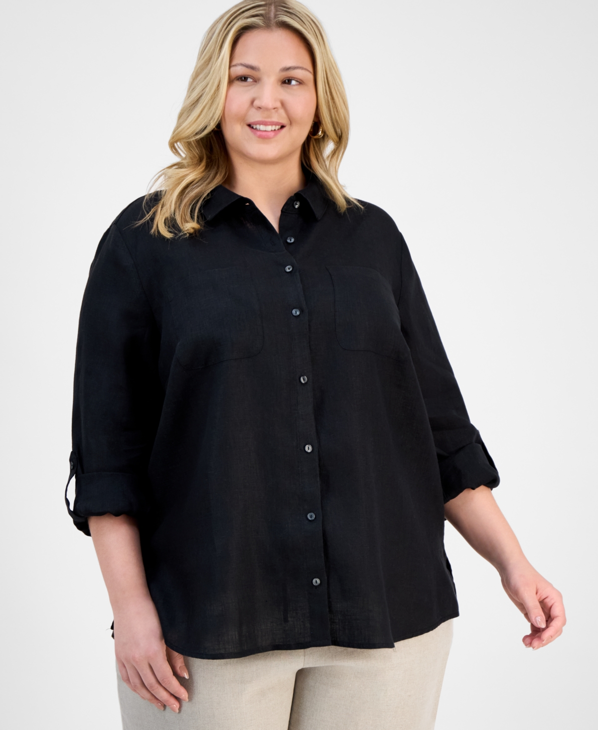 CHARTER CLUB PLUS SIZE 100% LINEN ROLL-TAB SHIRT, EXCLUSIVELY AT MACY'S 