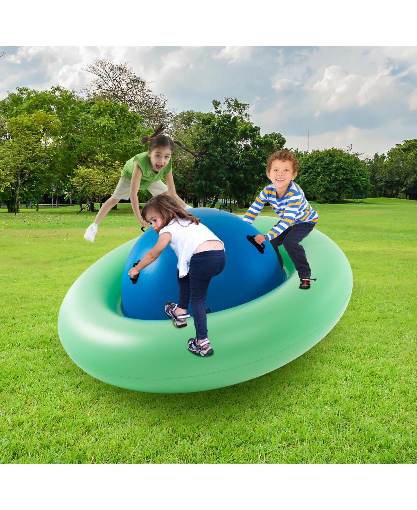 Детская игрушка HONGGE 7.5 Ft Inflatable Dome Rocker Bouncer with 6 Handles for Kids, цвет: Зелёный синий — фото 4