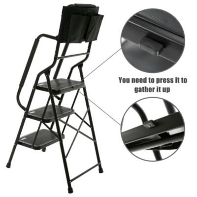 3 Step Folding Ladder with Handrails 500 lb Capacity Steel Frame Step Stool Tool Bag Wide Pedal