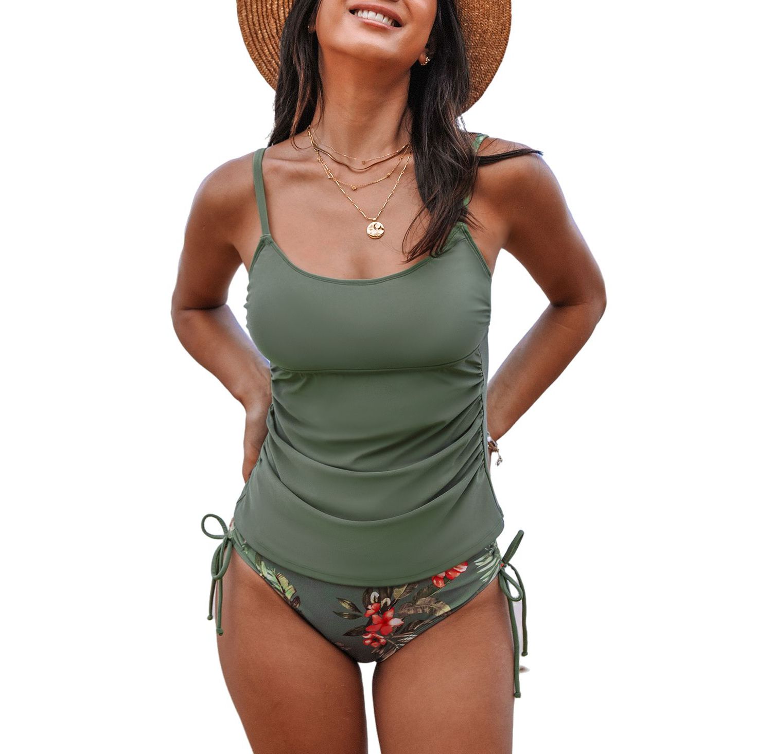 Women's Escaping Ruched Tankini Top and Floral High-Waisted Bottoms Set