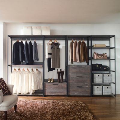 Monica Wood and Metal Walk in Closet Five Shelves Rustic Gray Powder Coated Metal Frame Extra Deep Storage