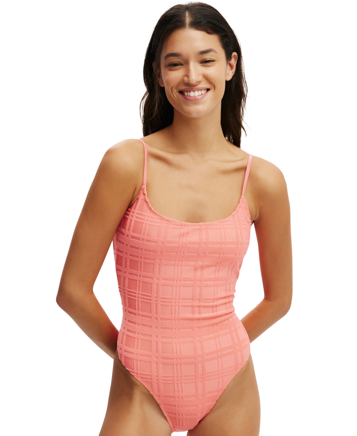 Shop Cotton On Women's Thin-strap Low-scoop One Piece Swimsuit In Shell Pink Terry Jacquard