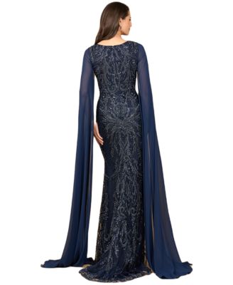 Women's High Neck Gown with Chiffon Cape Sleeves