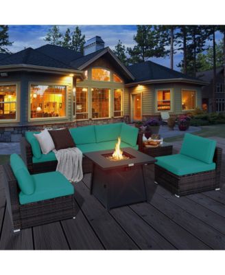 7PCS Rattan Patio Sectional Furniture Set w/ 30'' Fire Pit Table & Cushion