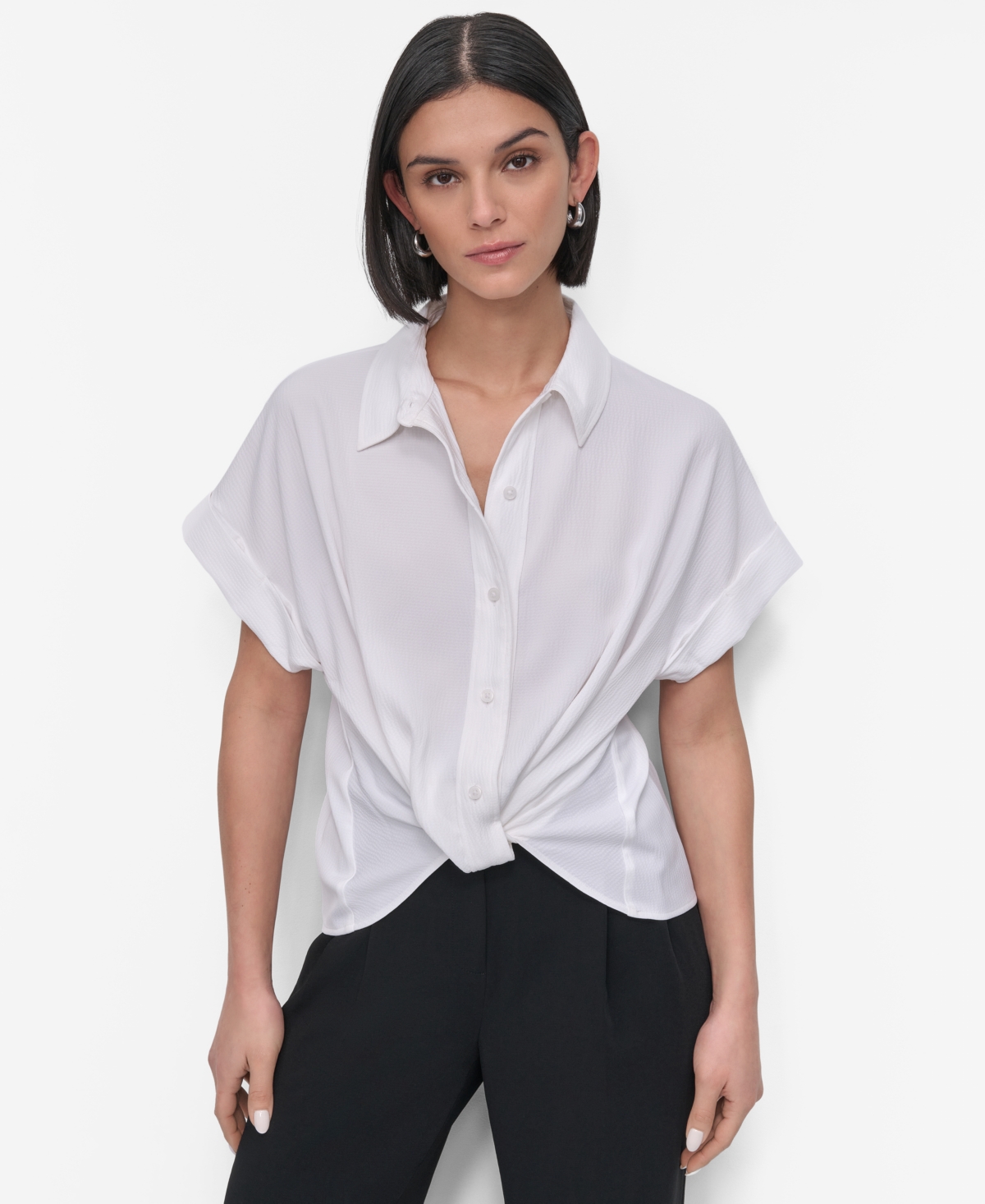 Women's Twist-Hem Textured Camp Shirt - White