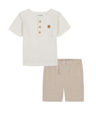 Baby Boys 2-Piece Slub Jersey Henley T-Shirt and Tonal Plaid Shorts Set