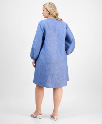 Plus Size Linen Pleated Blouson-Sleeve Shift Dress, Exclusively at Macy's