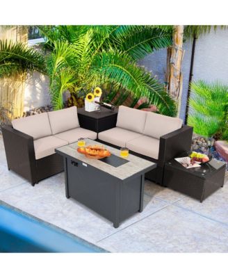 5PCS Patio Rattan Furniture Set Fire Pit Table w/ Cover Storage Cushion