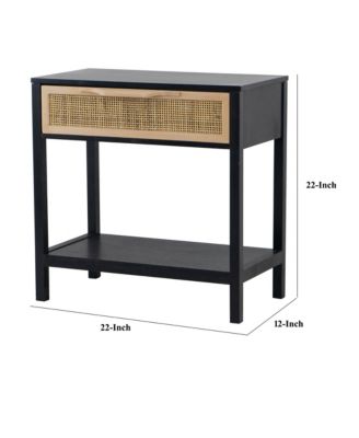 Mango Wood Side Table – Rattan Drawer & Open Shelf Storage