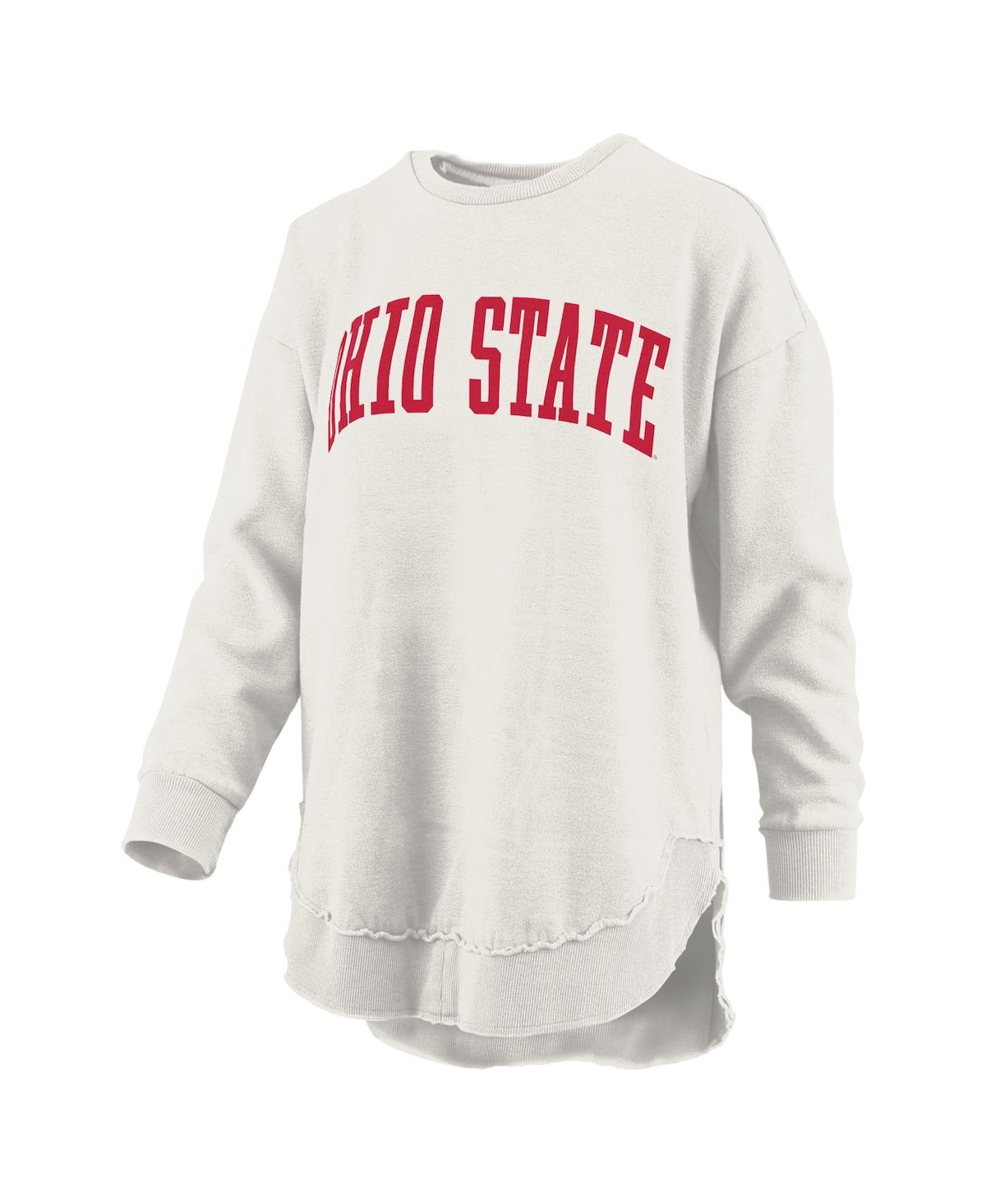 PRESSBOX WOMEN'S OATMEAL OHIO STATE BUCKEYES MELANGE PONCHO VINTAGE FLEECE LONG SLEEVE PULLOVER SWEATSHIRT 