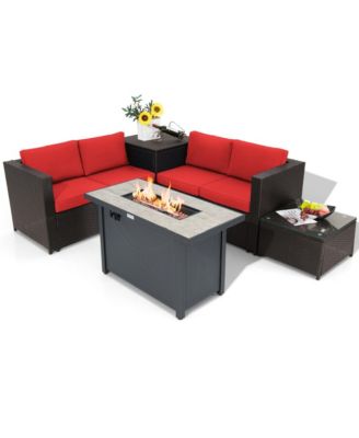 5PCS Patio Rattan Furniture Set Fire Pit Table w/ Cover Storage Cushion