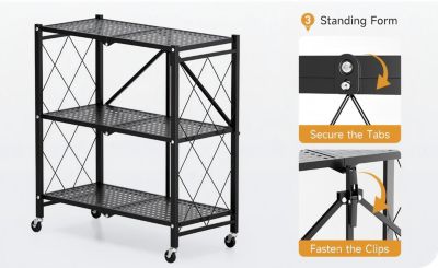 3-Tier Heavy Duty Foldable Metal Rack Storage Shelving Unit with Wheels Moving Easily Organizer Shelves Great for Garage Kitchen