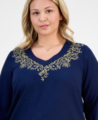 Plus Size Metallic Embroidered V-Neck Top, Exclusively at Macy's