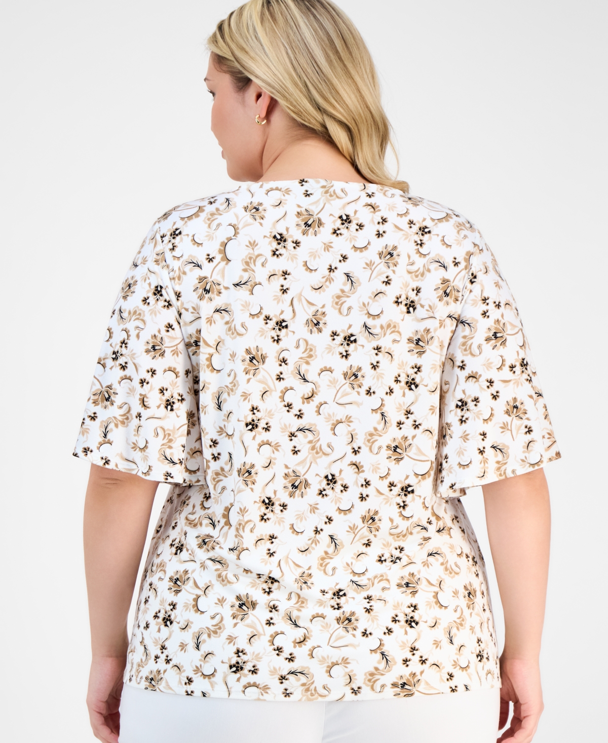 JM COLLECTION PLUS SIZE PRINTED FLUTTER-SLEEVE TOP, EXCLUSIVELY AT MACY'S 