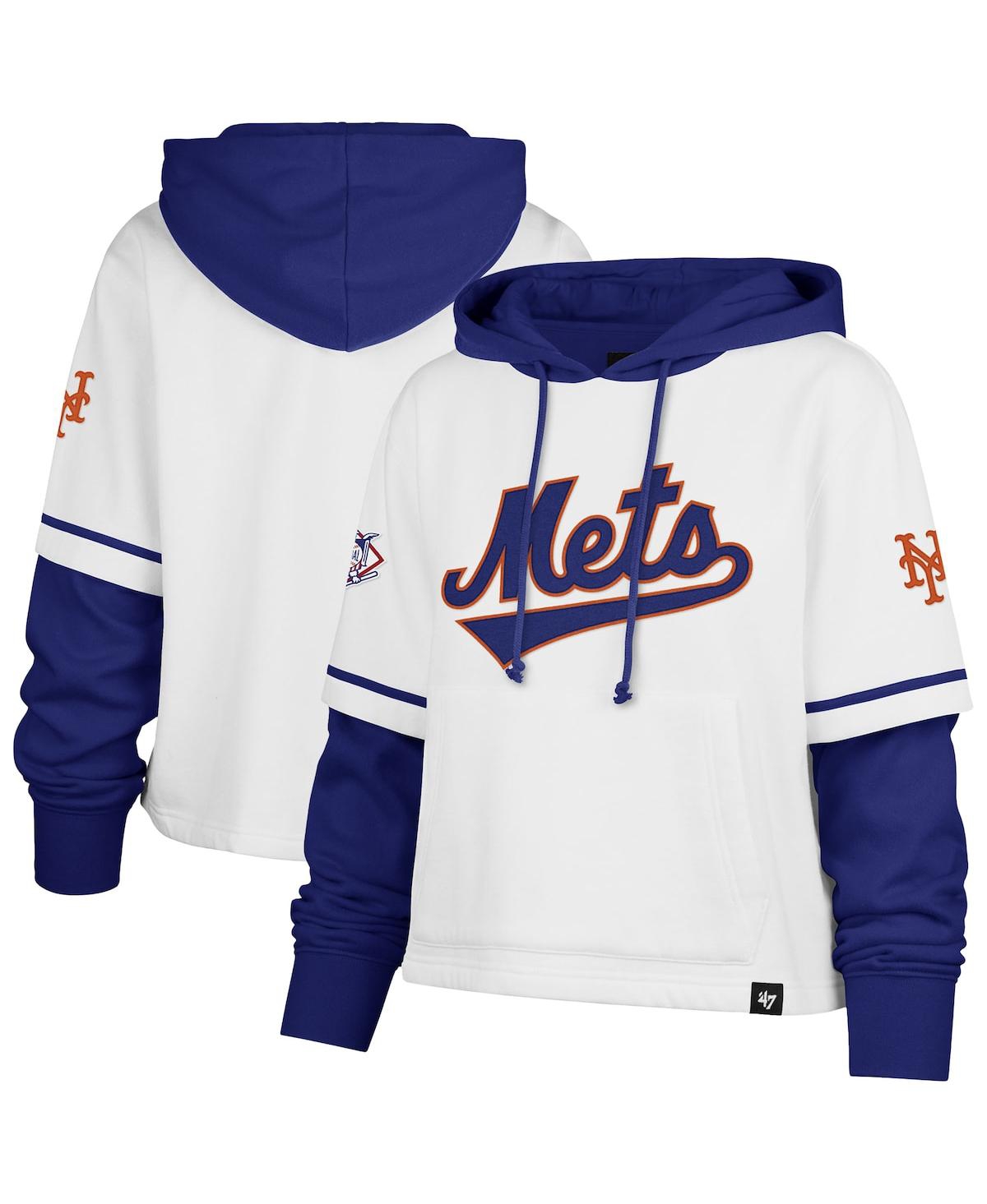 47 BRAND WOMEN'S WHITE NEW YORK METS TRIFECTA SHORTSTOP CROPPED PULLOVER HOODIE 