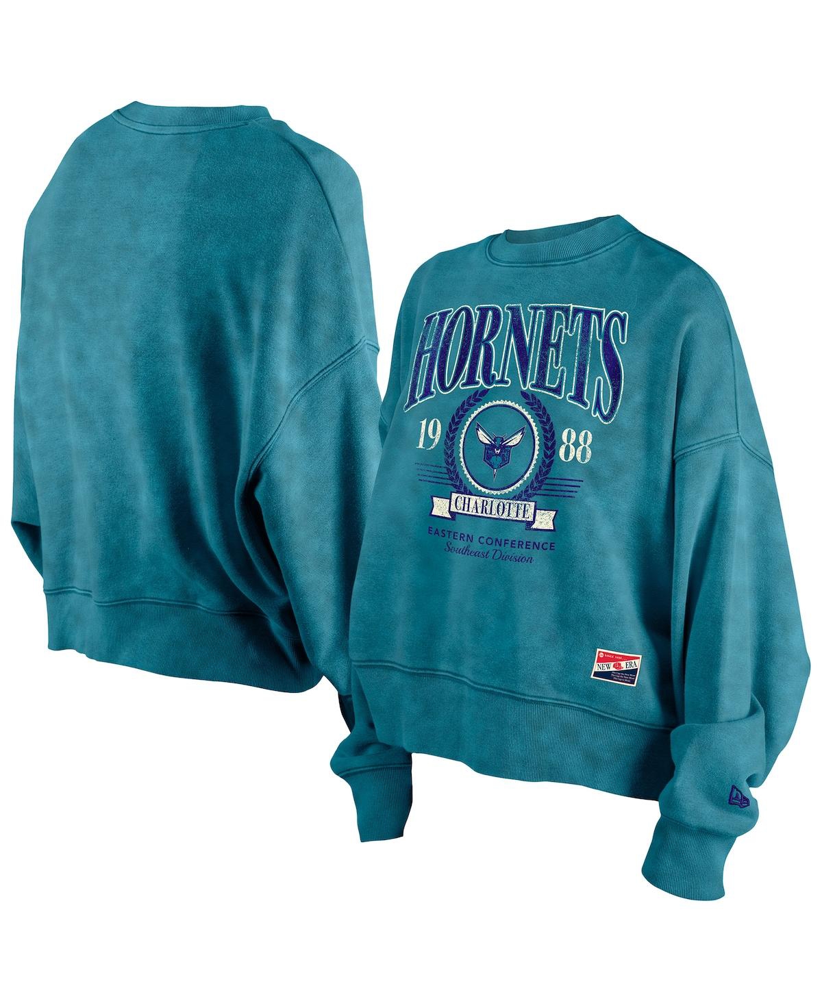 Shop New Era Women's Teal Charlotte Hornets Hardwood Classics Enzyme Wash Oversized Boxy Pullover Sweatshirt