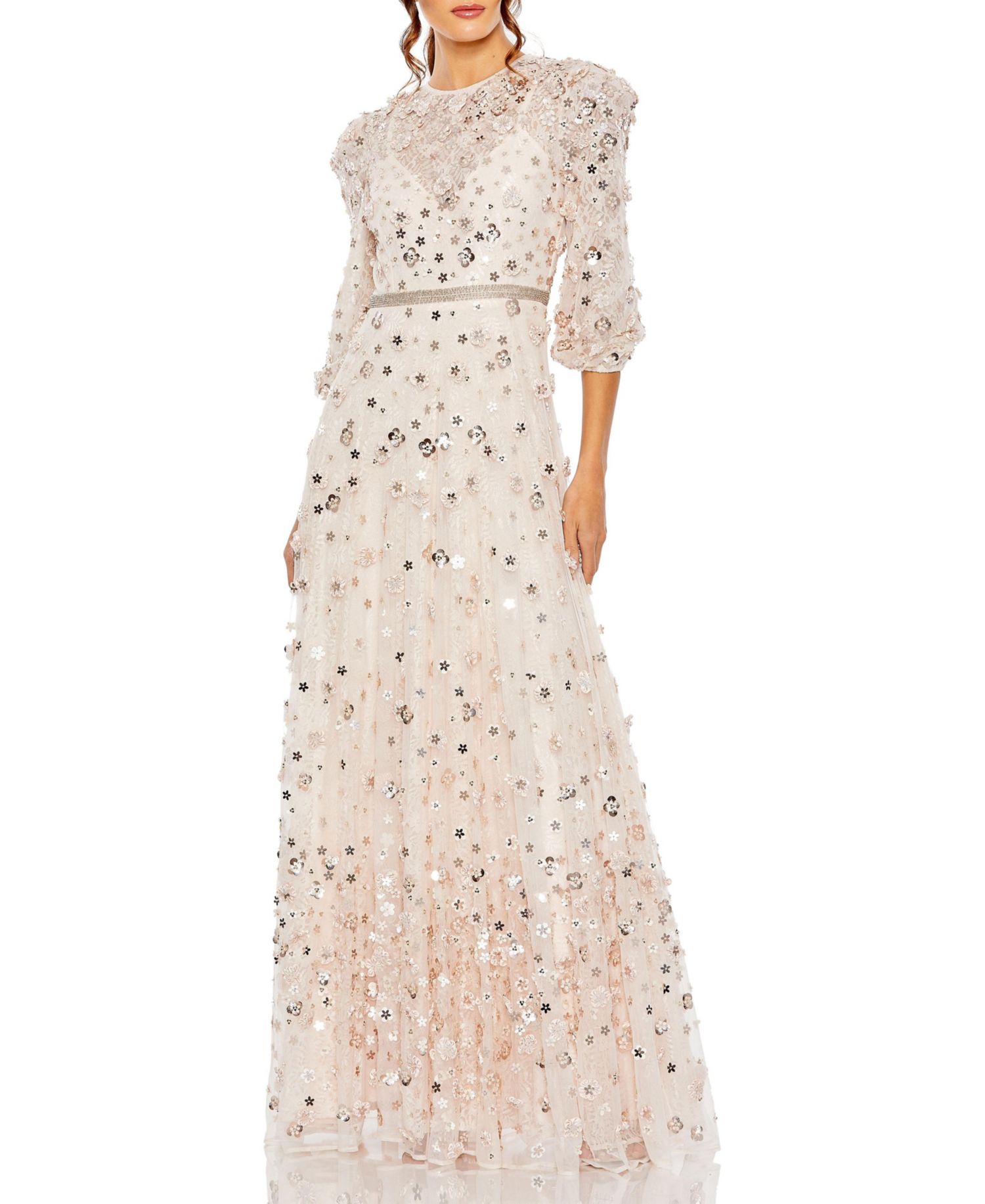 Women's Floral Applique Puff Sleeve High Neck A-Line Gown