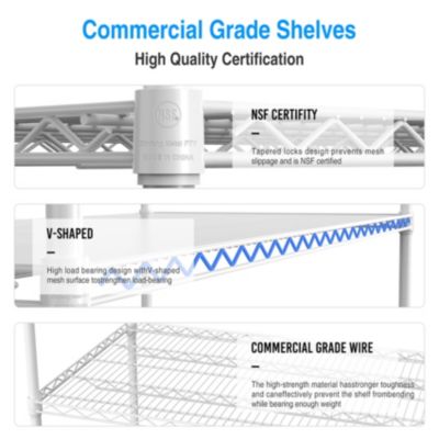 5 Tier 7500lbs Heavy Duty Adjustable Storage Rack Metal Shelf Wire Shelving Unit with Wheels & Shelf Liners - 82" H x 60" L x 24" D - White