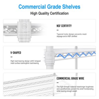 5 Tier 6000lbs Heavy Duty Adjustable Storage Rack Metal Shelf Wire Shelving Unit with Wheels & Shelf Liners - 82" H x 48" L x 24" D - White