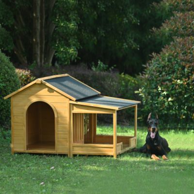 60.2inch Large Wooden Dog House with Porch Cabin Style Dog Crate with Asphalt Roof Nature
