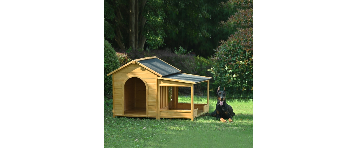 Dog House Outdoor & Indoor Wooden Dog Kennel for Winter with Raised Feet Weatherproof for Large Dogs(Gold red and black)44.5"26.4"27.8"(M)