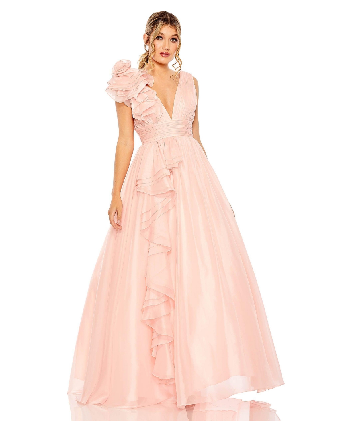 Women's Ruffle Shoulder V-Neck Chiffon Gown - Blush
