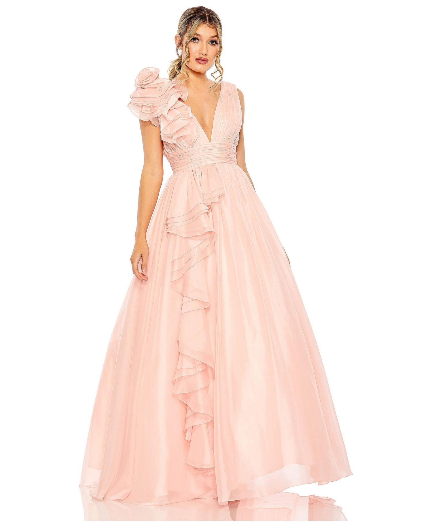Women's One-Shoulder Ruffle Ball Gown with Plunging V-Neck