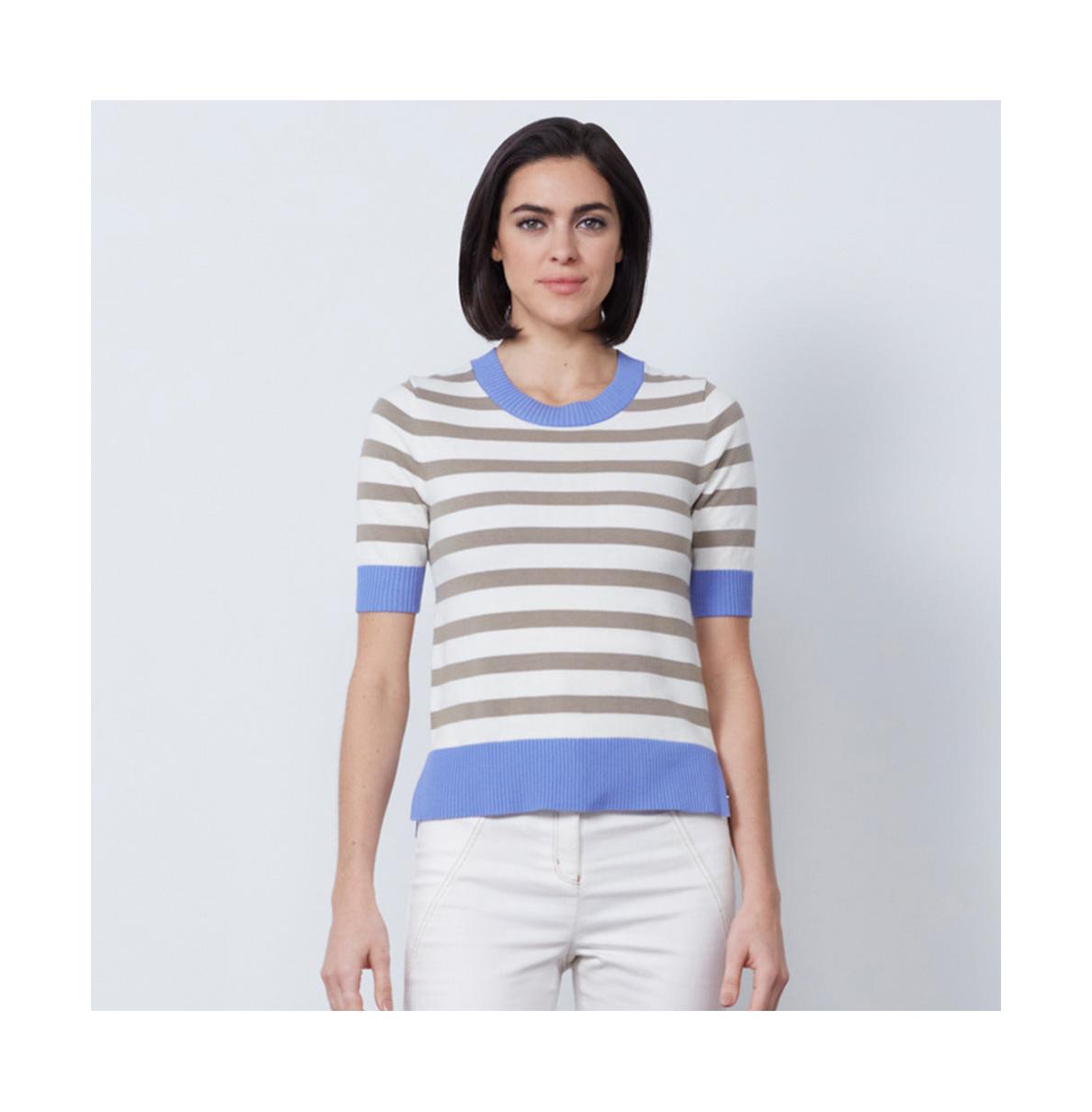 Women's Beige Blue Stripes Jersey Pullover Sweater Notebook - Blue/White/Beige