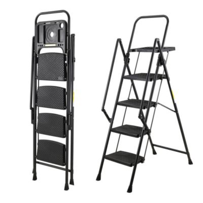 4 Step Folding Ladder with Non Slip Wide Pedals Soft Handle 330 lb Capacity Steel Ladder for Home Office