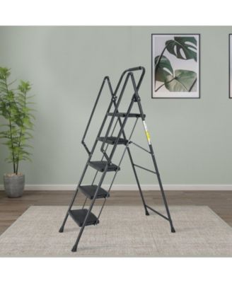 5-Step Steel Folding Step Stool Ladder with Wide Anti Slip Pedal and Safety Handle, Black