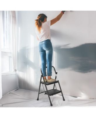 2 Non-slip step ladder, quick folding steel ladder Sturdy metal supported household tools for home/office work at altitude, portable step tools