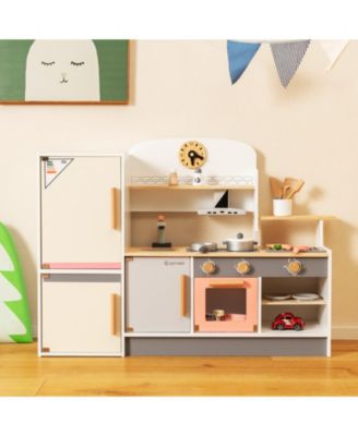 Kids Play Kitchen Set with Realistic Range Hood and Refrigerator