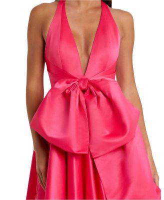 Women's Sleeveless Deep V Satin Gown With Oversized Bow