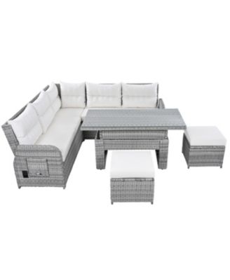 Streamdale Patio Rattan Furniture Set, Adjustable Table, Recliners, Ottomans, Beige