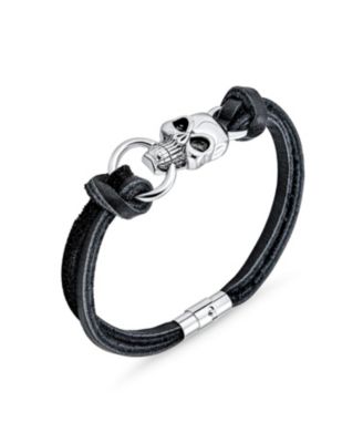 Biker Jewelry Hip Hop Goth Punk Rock Skull Heads  Black Leather Studded Rivet Stainless Steel Multi Strand Skull Heads Cuff Bracelet