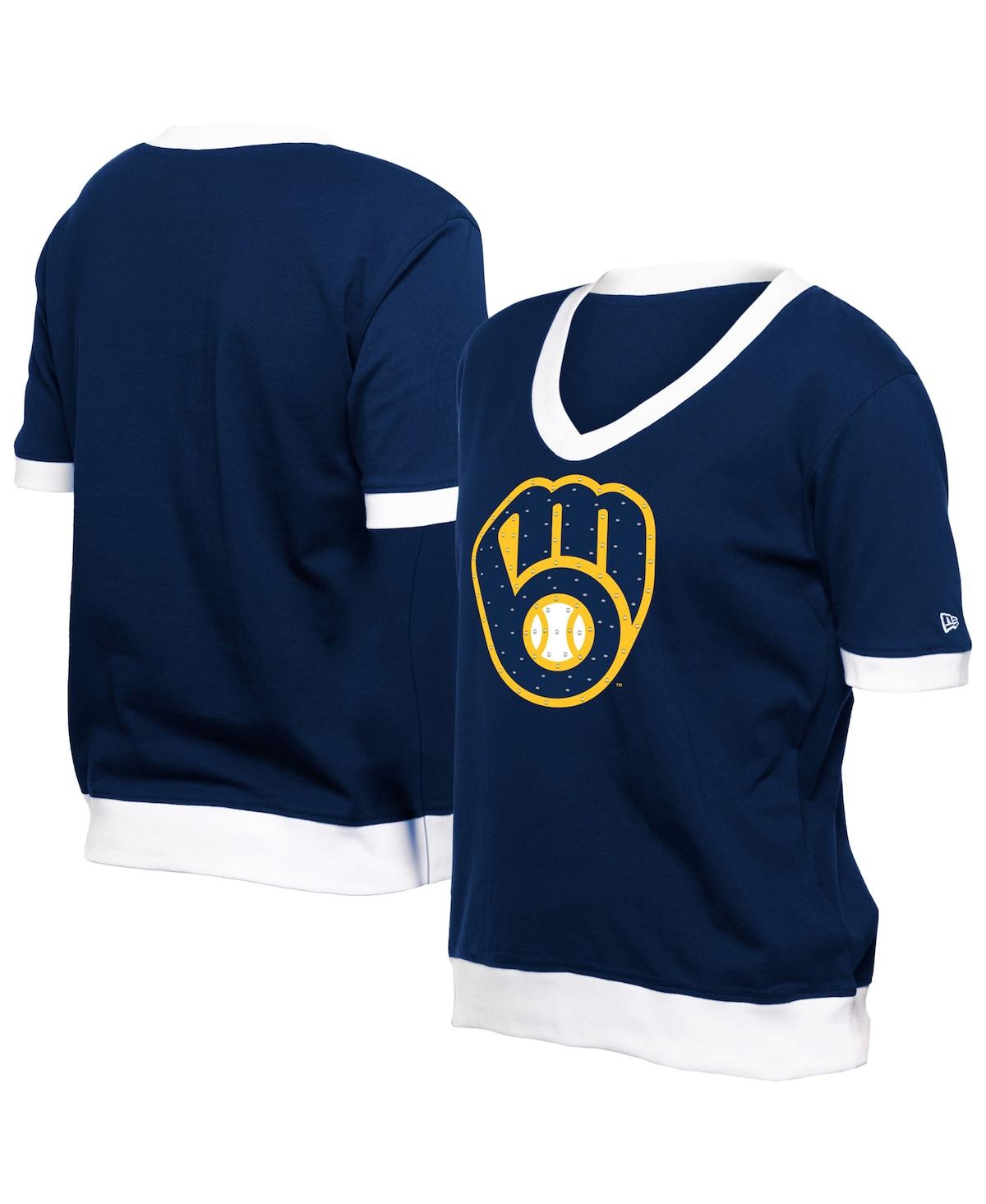 NEW ERA WOMEN'S NAVY MILWAUKEE BREWERS GAME DAY RHINESTONE V-NECK T-SHIRT 