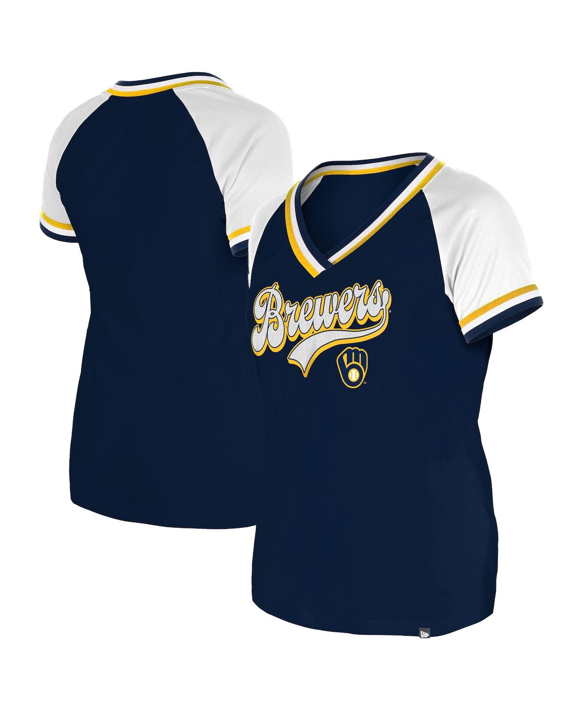 NEW ERA WOMEN'S NAVY MILWAUKEE BREWERS GAMEDAY RAGLAN V-NECK T-SHIRT 