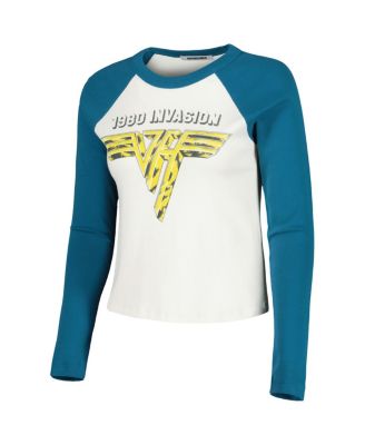 Women's Cream/Teal Van Halen 1980 World Invasion Tour Shrunken Raglan Long Sleeve Crop Top T-Shirt