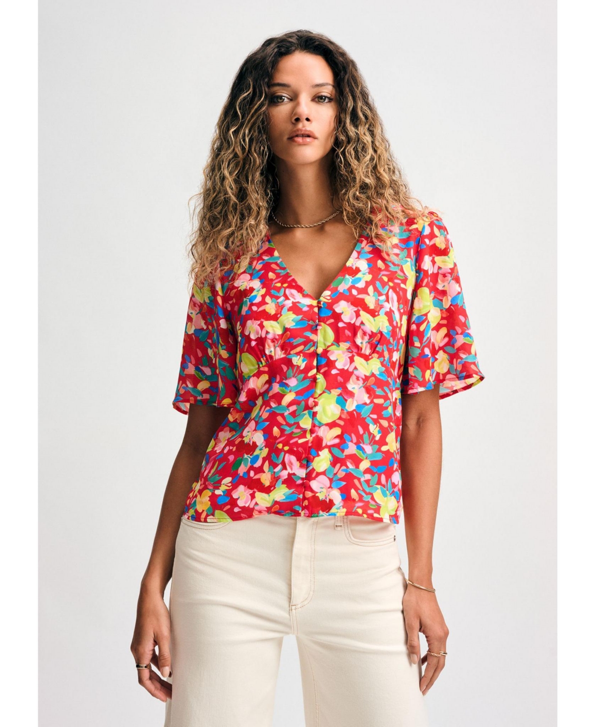 Women's Flutter Sleeve Button Detail Blouse - Red multi