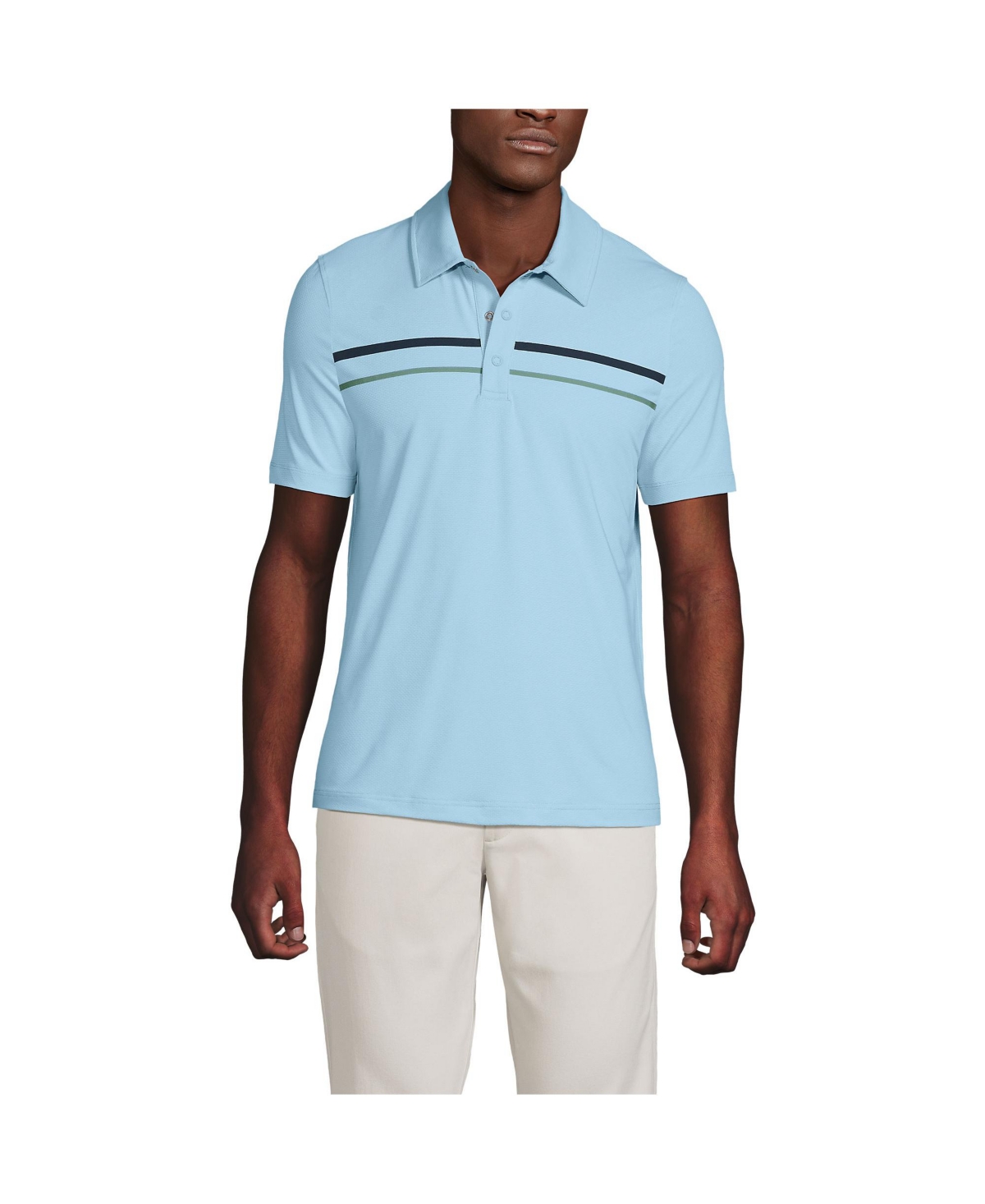 Men's Short Sleeve Performance Snap Polo - Light sky blue placed stripe