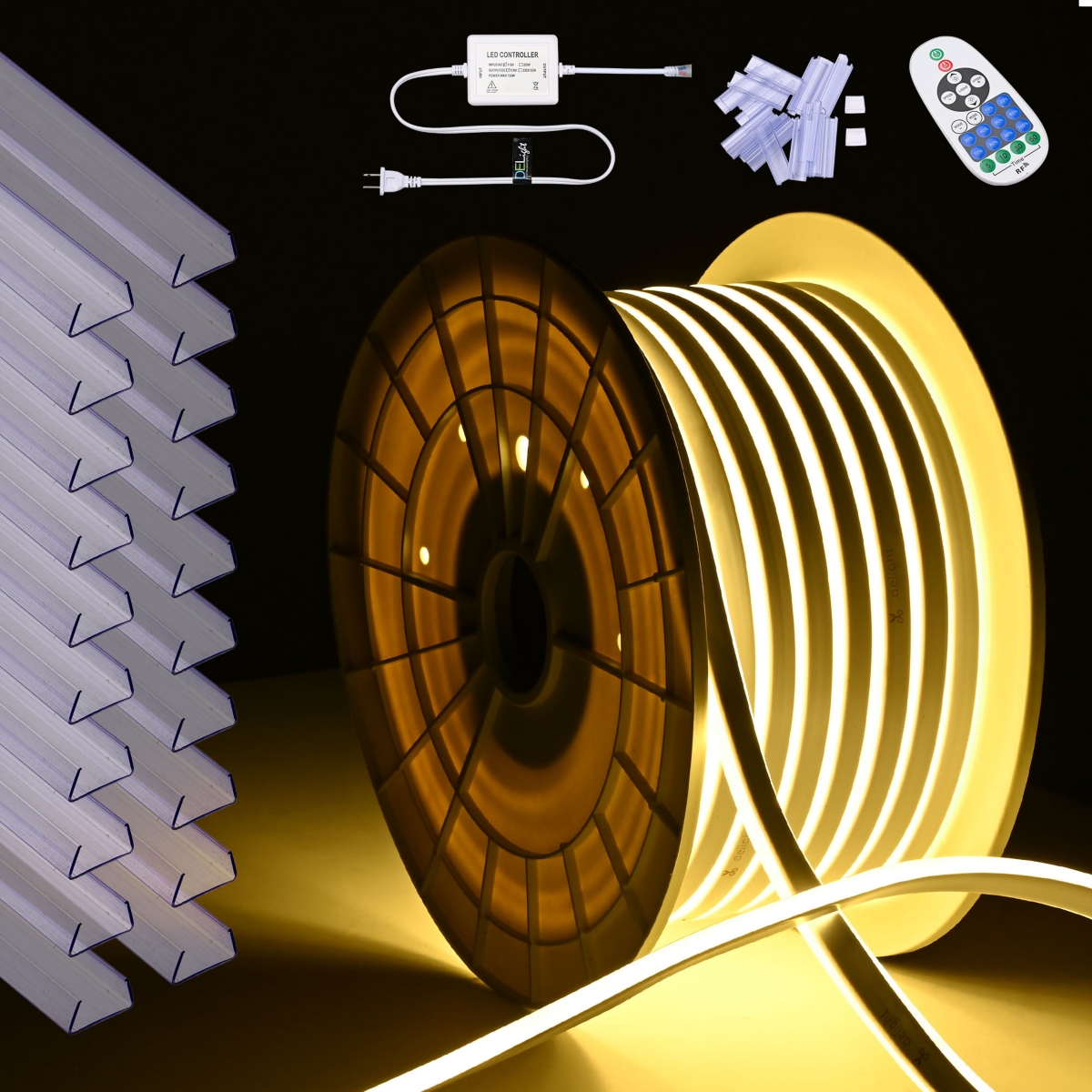 100FT Warm White Led Neon Rope Lights with 2&#x22; Plastic U Channel System 10PCS,Remote Control Ac 110V Waterproof Dimmable Cuttable Strip Li