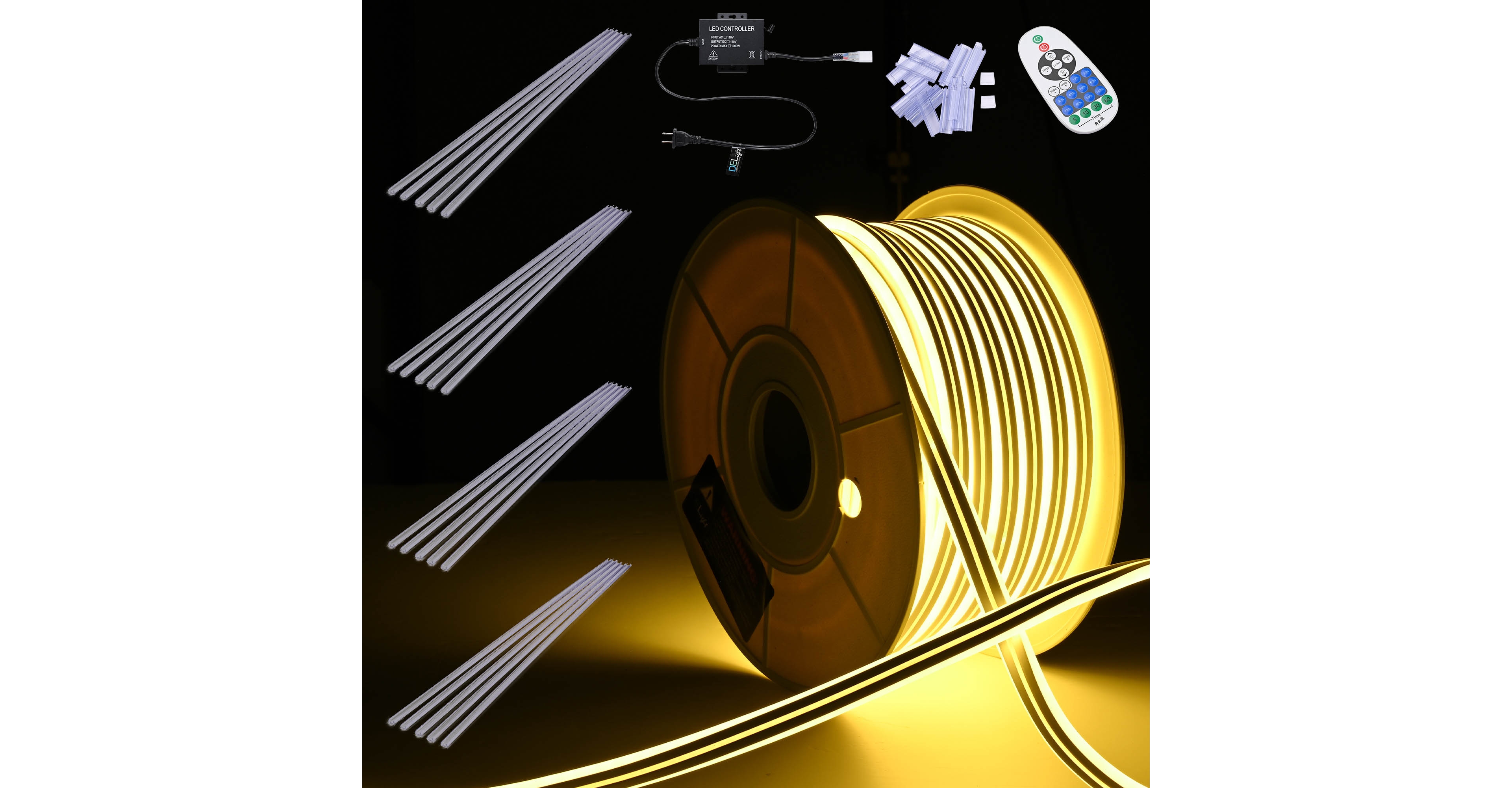 DELight 100FT Warm White Neon Rope Lights with 2" Plastic U Channel System 10PCS,Remote Control Ac 110V Waterproof Dimmable Cuttable Del-D1M100W
