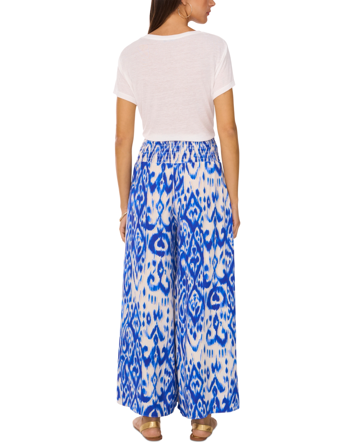 Shop Vince Camuto Women's Ikat-print Smocked-waist Pull-on Wide-leg Pants In Royal Azure