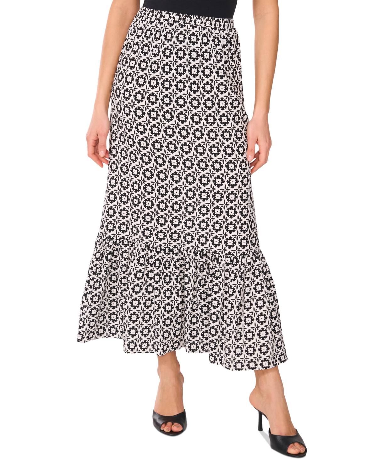 Women's Printed Ruffled Pull-On Midi Skirt - New Ivory