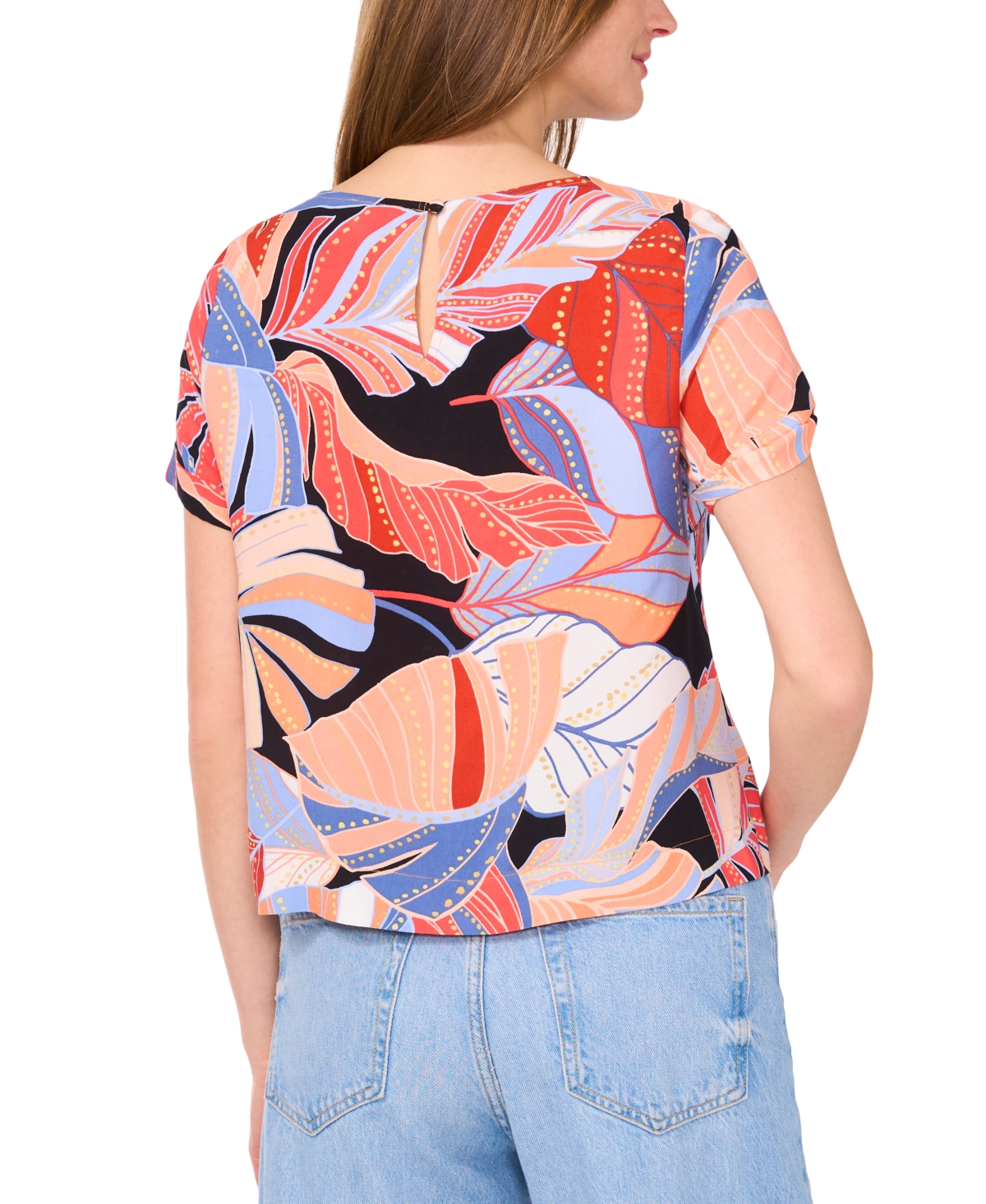 VINCE CAMUTO WOMEN'S TROPICAL-PRINT ROUND-NECK KEYHOLE-BACK CUFF-SLEEVE TOP, XS-3X 